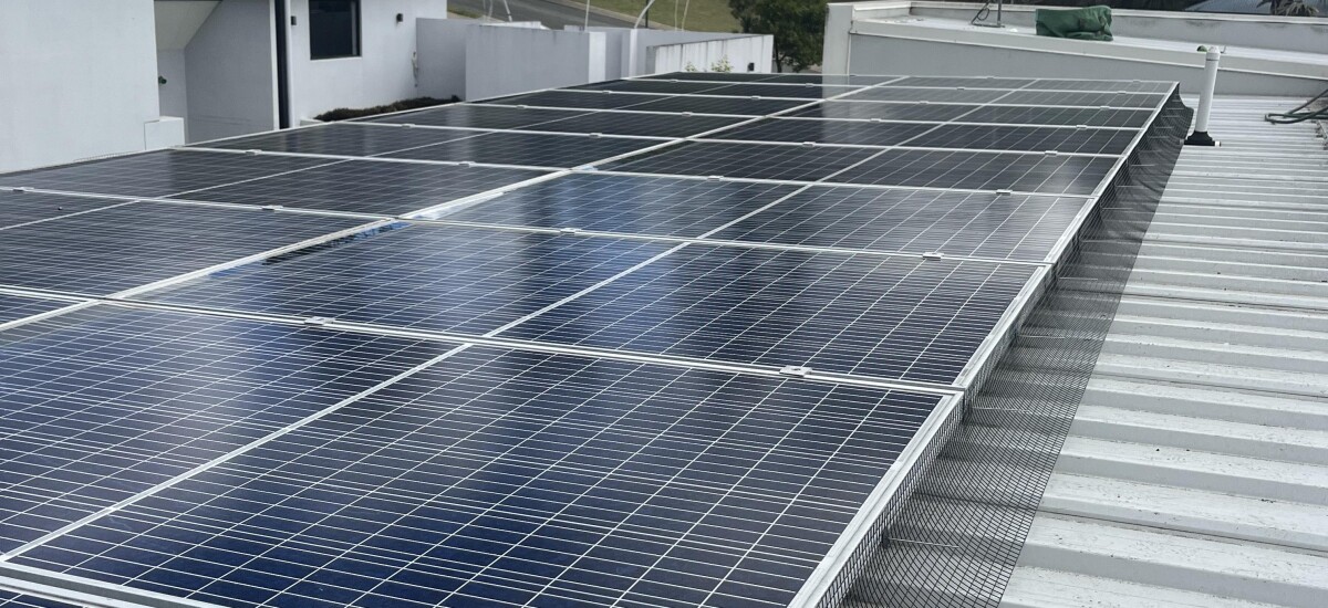 A set of solar panels with bird proofing mesh installed